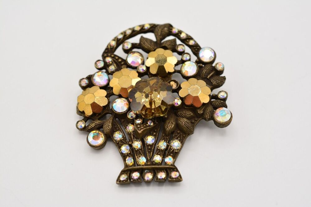 Vintage Crystal Flower Vase Pin Brooch AB Rhinestone Brass Floral Basket BinAC